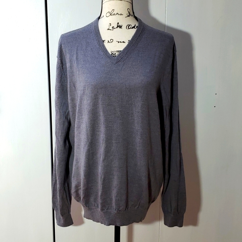 CK-Calvin Klein| Mens Gray Vneck Neutral Preppy Wool Long Sleeve Sweater Sz.XL